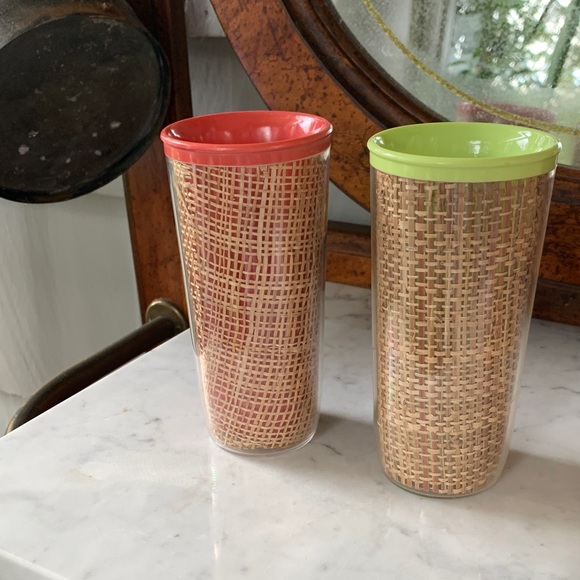 Vintage MCM Raffia 6 + 1 Tumblers Colorful Woven Set - Picture 4 of 6